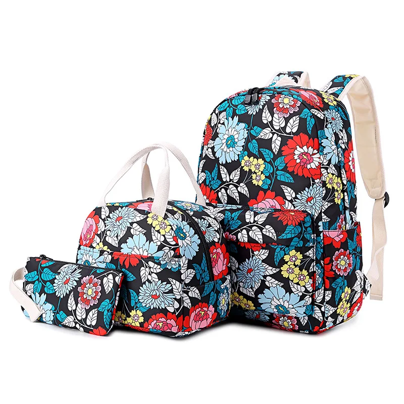 

New Style Korean-style Printed Backpack Women's Large Flower Computer Backpack College Student School Bag Three-piece Set Cross