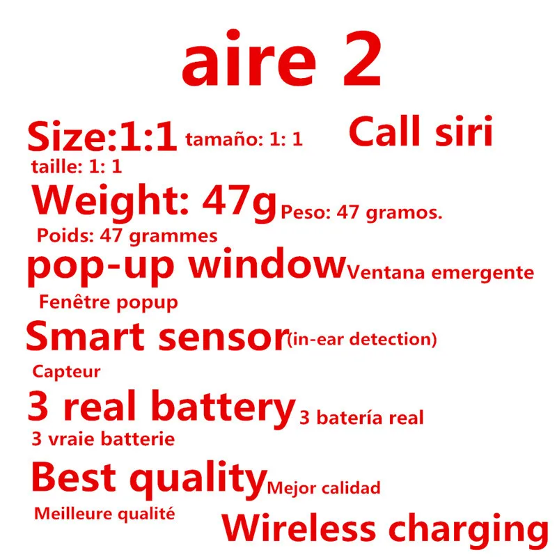 Новинка, Aire2, клон, Bluetooth наушники, W1, чип,, всплывающие, Windows, наушники, беспроводная гарнитура для iPhone, наушники 2 поколения