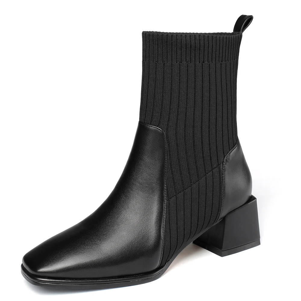 

Thick-Heeled Microfiber Stitching Knitted Wool Brown Ankle Boots Beige Square Head Simple All-Match Socks Shoes