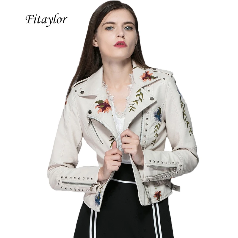 Fitaylor/куртка из искусственной кожи с цветочной вышивкой; модная куртка в стиле панк на молнии с заклепками в стиле рок; белая куртка из искусственной кожи; осенне-зимнее пальто