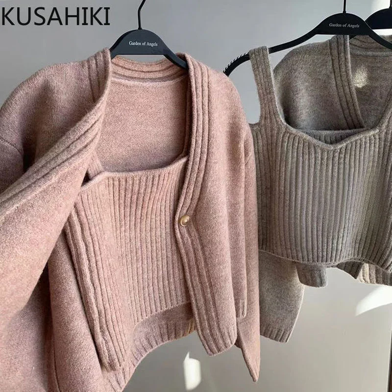 KUSAHIKI 2022 Spring New Short Sling Vest Korean Fashion Fur Tank Top Women Elegant Slim High Waist Crop Pullover Vests Feminimo camisole bra