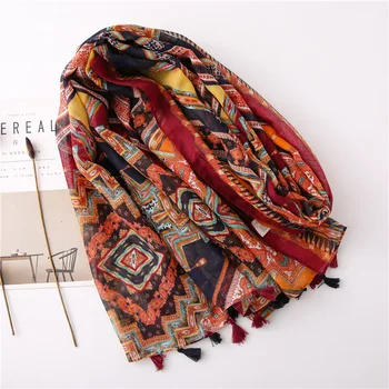 

luxury ethnic hijab scarf women VINTAGE long PRINTED tassels Sjaal Muslim Hijab Snood Shawls and wraps foulard femme cachecol