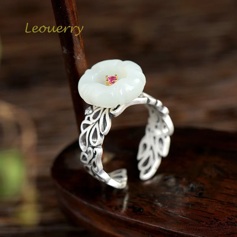 

Leouerry Natural Hetian Jade Ring 925 Sterling Silver Retro Temperament Jade Flower Bud Silver Rings for Women Luxury Jewelry