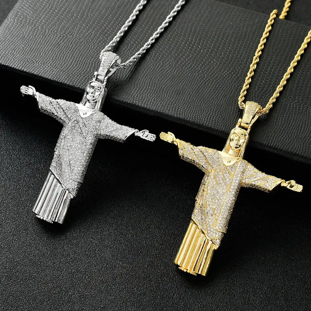 

Hip Hop Micro Pave Cubic Zirconia Bling Ice Out Brazil Monte Cristo Corcovado Big JESUS Pendants Necklace for Men Rapper Jewelry