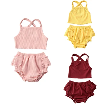 

0-24M Newborn Infant Kids Baby Girls Clothes Solid Ribbed Sleeveless Vest Crops Tops Ruffle Shorts Pants Sunsuit 2Pcs Set