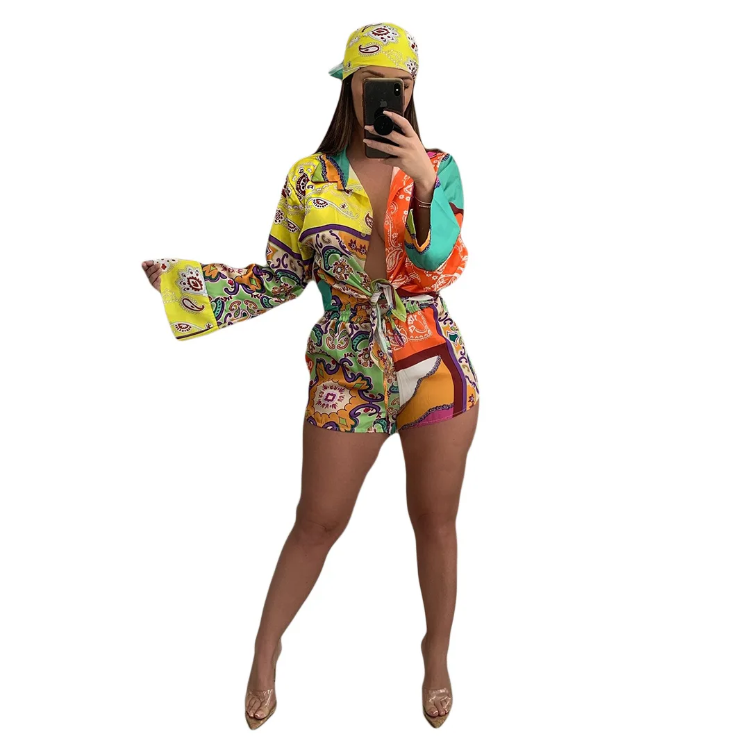 skirt and top co ord 3 Pieces Set Sexy Summer Autumn Fashion Women Set 2021 Female Tops Floral Print Long Sleeve Shirt And Elastic Waist Shorts Scarf loungewear sets