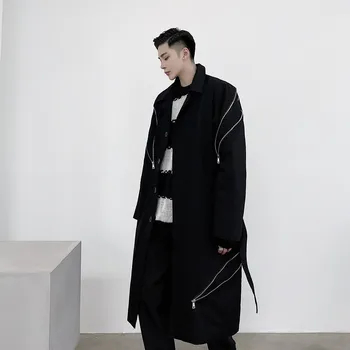 

Functional multi zipper decoration casual loose stand collar windbreaker autumn versatile dark temperament medium long thin coat