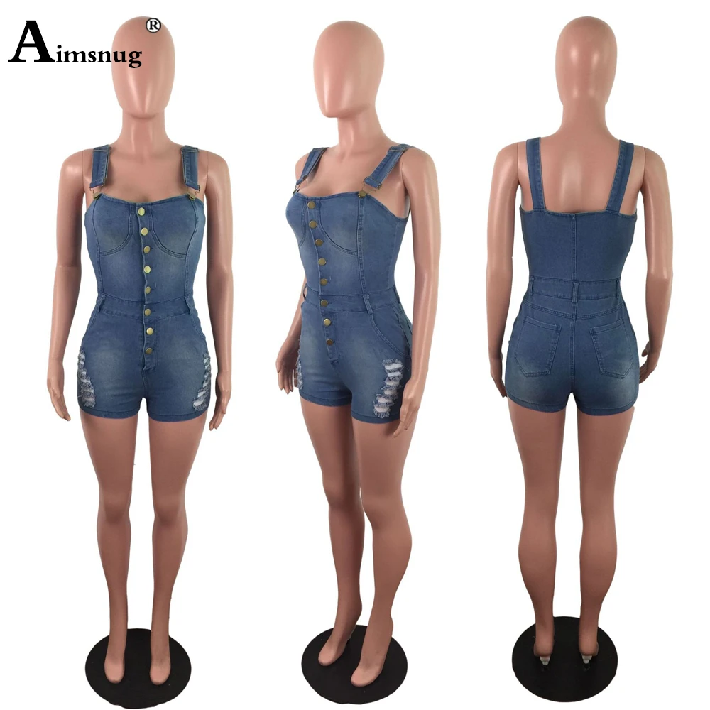 Fashion Hole Ripped Jeans Demin Playsuits Women Sleeveless Denim Romper Skinny Short Pants 2021 Single Breasted Overalls