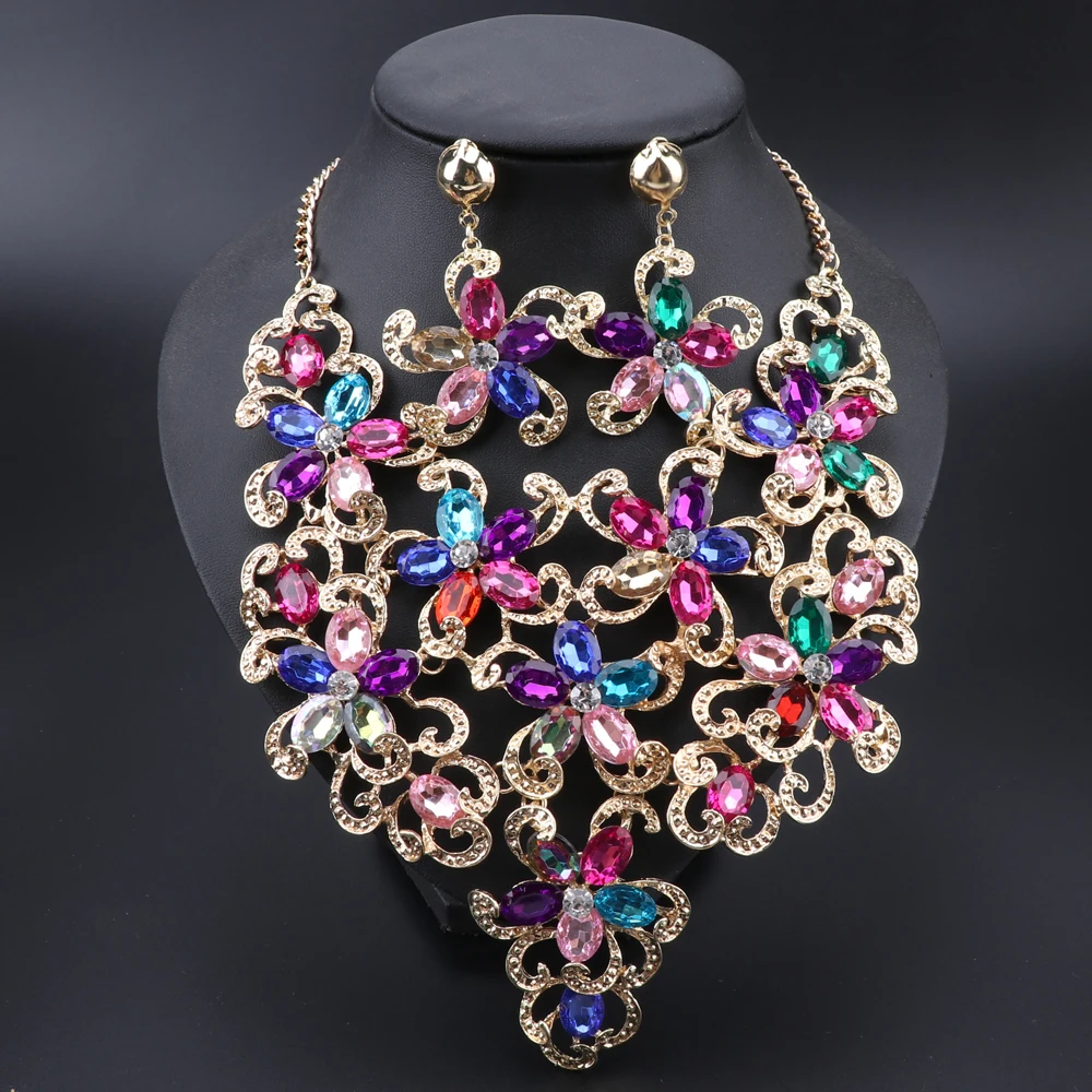 Модное ожерелье с кристаллами, серьги, индийский свадебный ювелирный набор, для свадьбы, вечеринки, выпускного, бижутерия, рождественский подарок для женщин - Окраска металла: multi