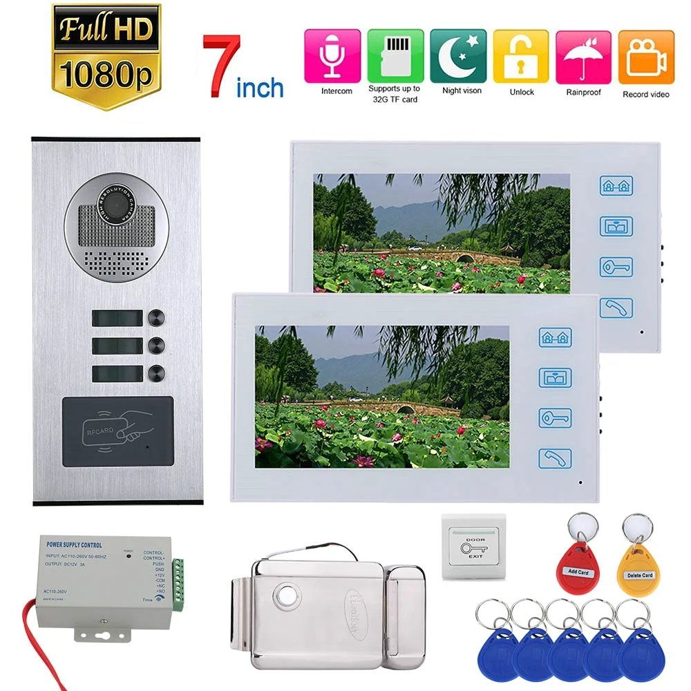 cheap 7inch Color LCD Record Video Intercom 2 Apartments Video Door Phone System with RFID 1080P Doorbell Camera+Electric Door Lock