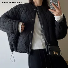 ZURICHOUSE Casual Solid Lattice Quilted Jacket Women Fashion O-neck Loose Warm Cotton Padded Coat Female Short Winter Parka