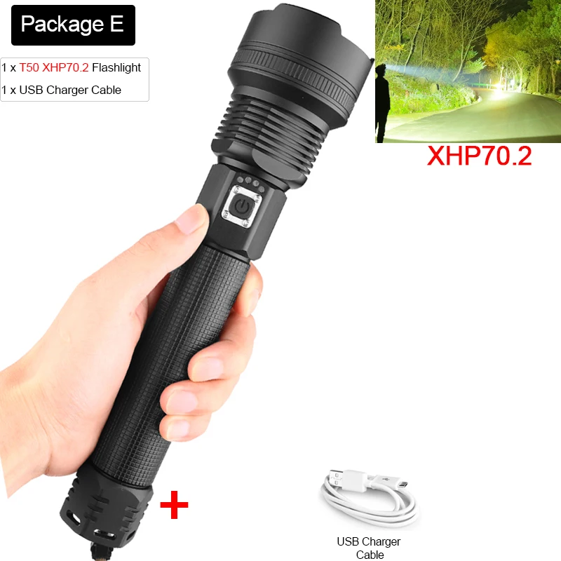 Package E Мощный светодиодный фонарь XHP70.2 светодиодный фонарь с зарядкой от USB XHP50 светодиодный фонарь с приближением и батареей 18650 - Испускаемый цвет: Package E