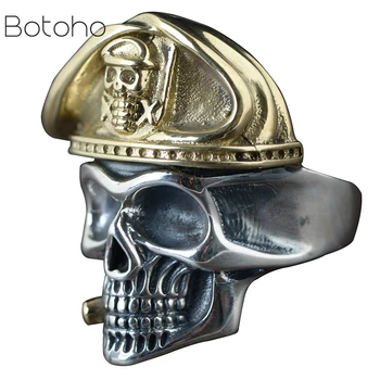 

Authentic 925 Sterling Silver Skull Head Mens Rings Biker With Cap Vintage Punk Rock Male Jewelry Gothic Skeleton Adjustable