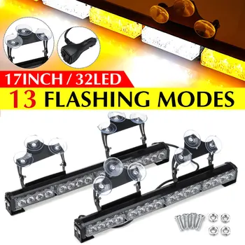 

17'' 32LED Amber & White Car Roof Windshield Emergency Hazard Warning Flash Strobe Light Bar with Suction Cup 13 Flashing Model