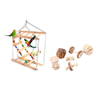 

Parrots Toys Bird Swing Exercise Climbing Hanging with Bells & Bunny Chew Toys for Teeth, Organic Apple Wood Sticks