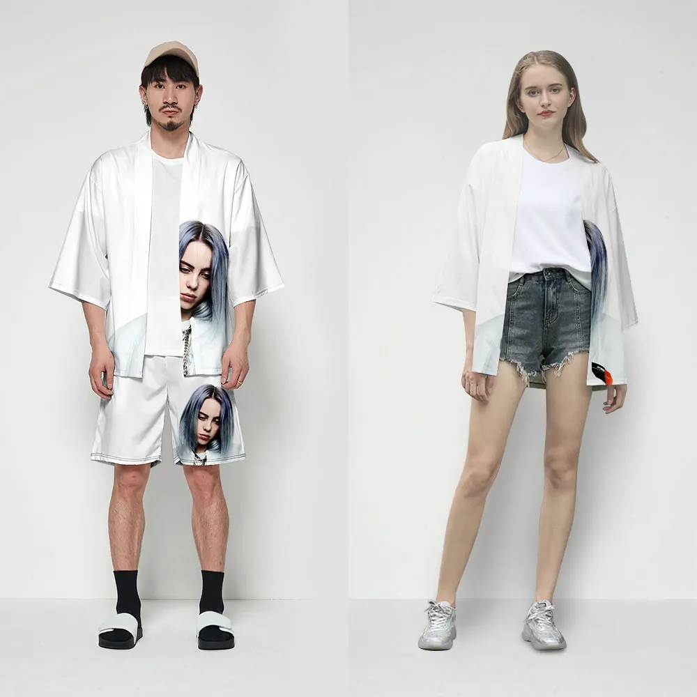 Популярное мужское и женское кимоно Billie Eilish3D, модное летнее черное кимоно в японском стиле, футболка, кардиган, повседневный Топ