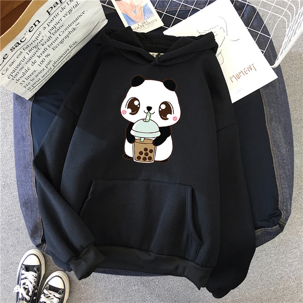 Hoody Little Panda Drinking Milk Tea Print Hoodie Streetwear Cute Winter Clothes Womens Oversized Loose Sweatshirts Women 2021 sweatshirts Hoodies & Sweatshirts