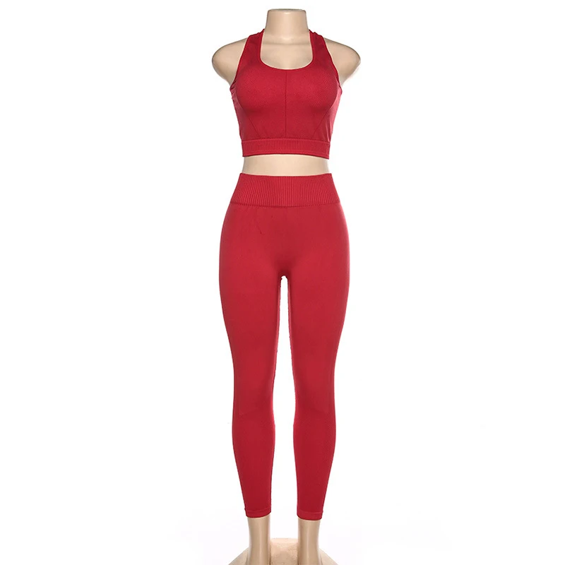 Сексуальные одноцветные комплекты для йоги без подкладки, женские комплекты для спортзала из 2 предметов, комплект для тренировок, спортивные обтягивающие леггинсы, бюстгальтер для фитнеса, одежда для активного отдыха, спортивный костюм для женщин - Цвет: red