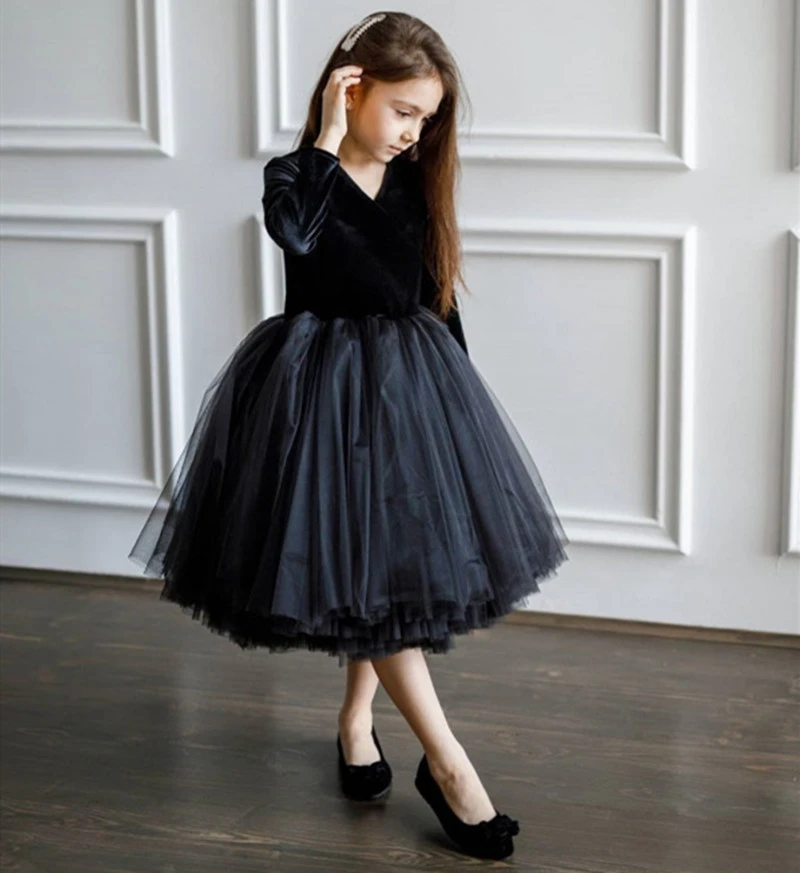 Black Puffy Tulle Knee Length Little Princess Party Dress For Kids Long Sleeve Velvet Tulle Flower Dress Pageant Gowns - Girls Casual Dresses - AliExpress