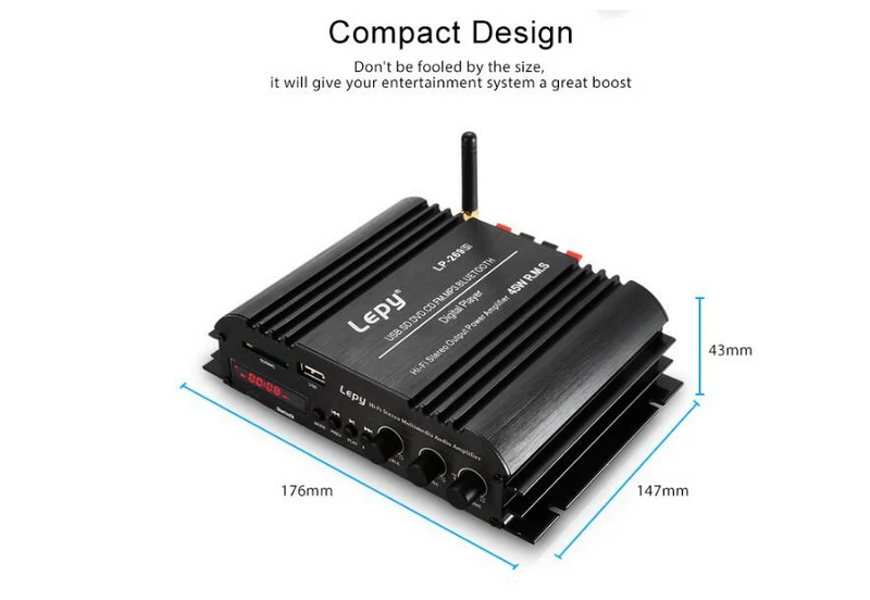 2x45 Вт мини-усилитель мощности для автомобиля стерео USB MP3 FM SD карта светодиодный экран с пультом дистанционного управления без адаптера питания