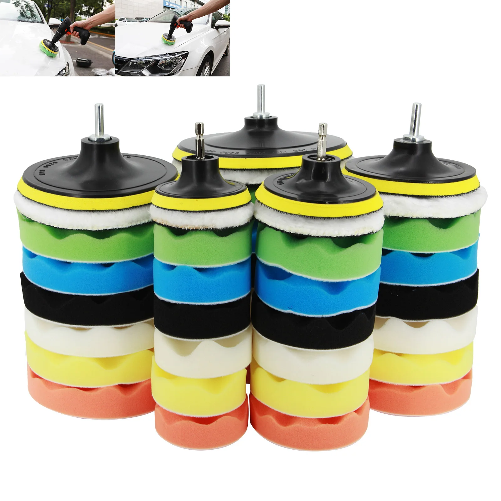 9pcs Car Polishing Kit Selfadhesive Buffing Waxing Sponge Wool Wheel