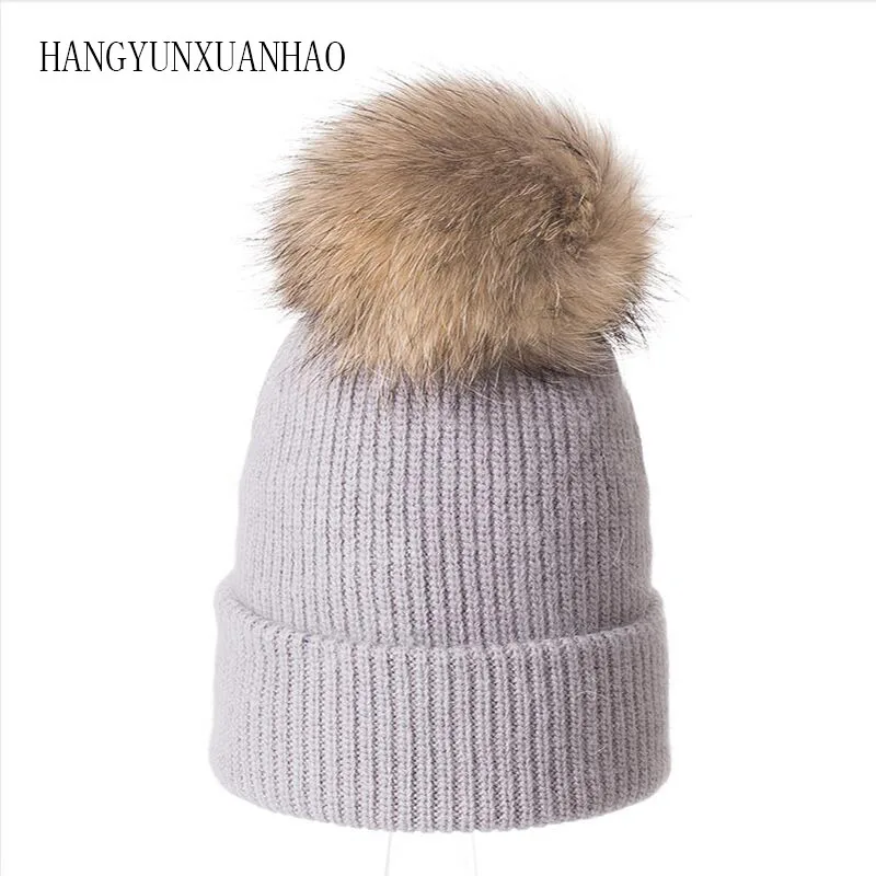 

Women's Knitted Wool Beanies Winter Rabbit Fur Knitting Hats For Women Double Layer Soft Skullies Caps Female Solid color Bonnet