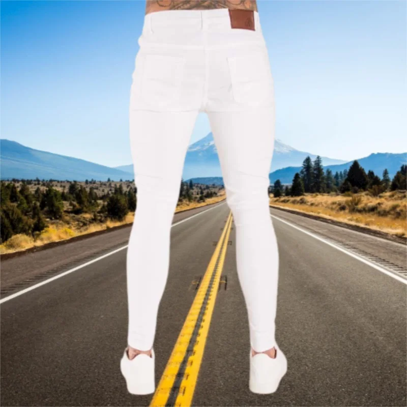 Men Jeans Elastic Waist Skinny Stretch Ripped Denim Pants Joggers Trousers