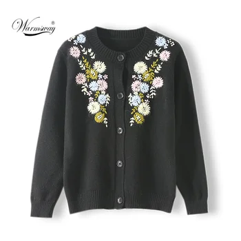 

Sweater Women Round Neck Contrast Multicolored Flower Embroidery 2020 Spring New Long Sleeve Loose Knitted Cardigan Coat CY-098