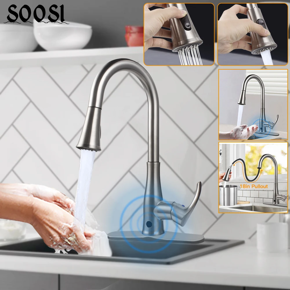 

Faucets Kitchen Brush Brass Induction Faucets for Kitchen Sink Single Lever Pull Out Spring Spout Mixers Tap Hot Cold Water 2020