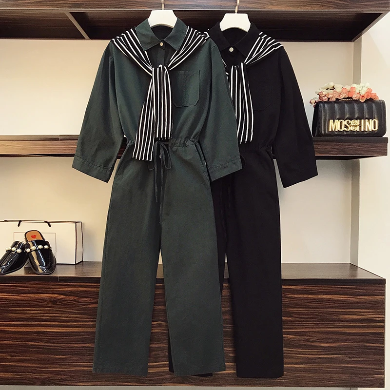 Fall Clothes 2020 Plus Size Jumpersuit Women Long Sleeve One Piece Playsuit Korean Fashion Shawl Stripes Female Black Jump Suits
