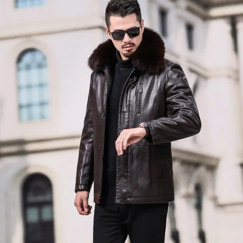 

Thick Warm Fur Collar Fleece Liner Mens Faux Leather Jackets Smart Casual Single Breasted Plus Size Male Winter Shearing Coats
