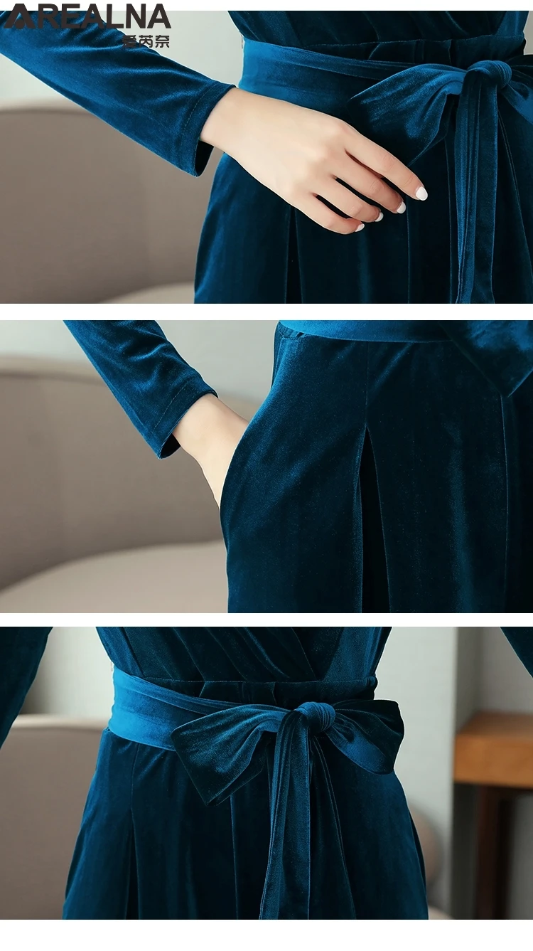 long sleeve velvet jumpsuit women winter Runway elegant black V Neck plus size wide leg sashes maxi floor length romper