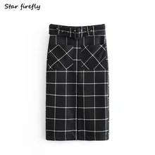 Star firefly модная женская юбка Za, осень, повседневная, тонкая, высокая талия, в клетку, с разрезом, с поясом, прямая женская юбка