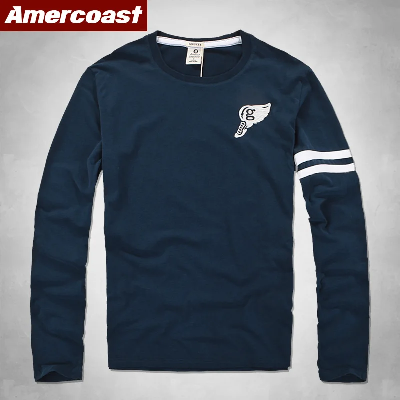 Amercoast Футболка мужская Весенняя с длинным рукавом o образным вырезом свободные