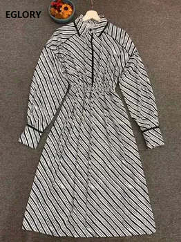 

Newest Fashion Dress 2020 Autumn Women Turn-down Collar Striped Print Long Sleeve Mid-Calf Length Big Swing Party Ladies Dresses