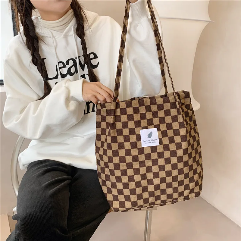 Chess Print Women Corduroy Canvas Tote Handbag Books Shoulder Bags Ladies Cloth Shopping Bag Vintage Plaid Design Cotton Purse