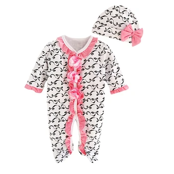 

Newborns Footies Infant Girls Bow-knot Print Flowers Ruffles Winter Soft Long Sleeve Jumpsuit Baby Clothes + Hat Set 3-9M A20