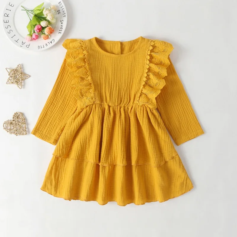 

9M-5T Children Baby Girl Clothes Autumn Simple Casual Solid Color Ruffle Long Sleeve Pleated Yellow Dress #m