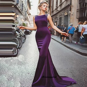 

Elegant Purple Vestido De Fiesta Mermaid Evening Dresses Beading Formal Occasion коктейльные платья Illusion Robe De Soiree