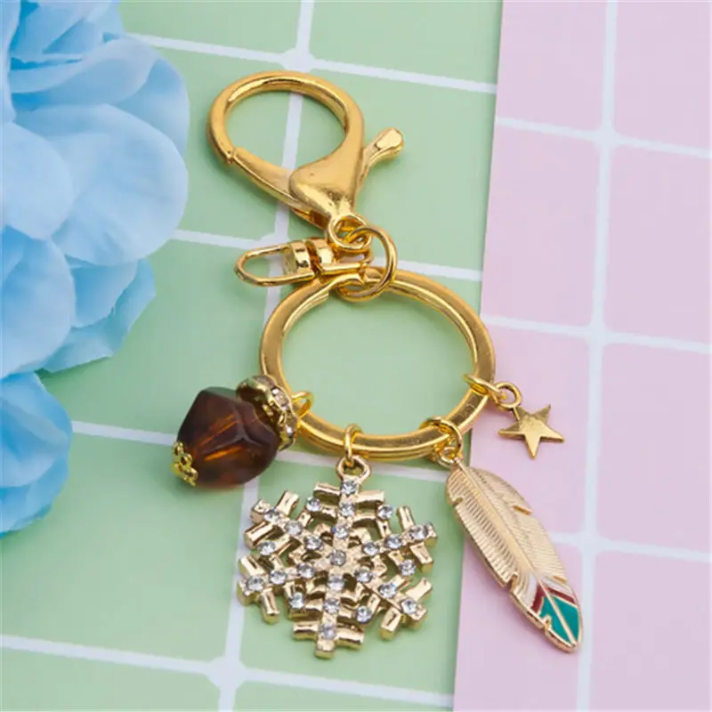 

Fashion Keychain & Keyring Feather Gold Light Coffee Christmas Snowflake Clear Rhinestone Enamel Jewelry Gifts 69mm x 30mm, 1 PC