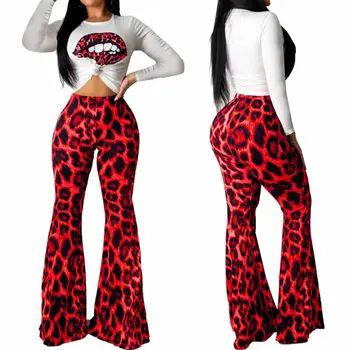 

Crew Neck 2 Piece Set for Women Elegant Long Sleeve Leopard Print Two Piece Set Top and Pants Summer Wide Leg Pants