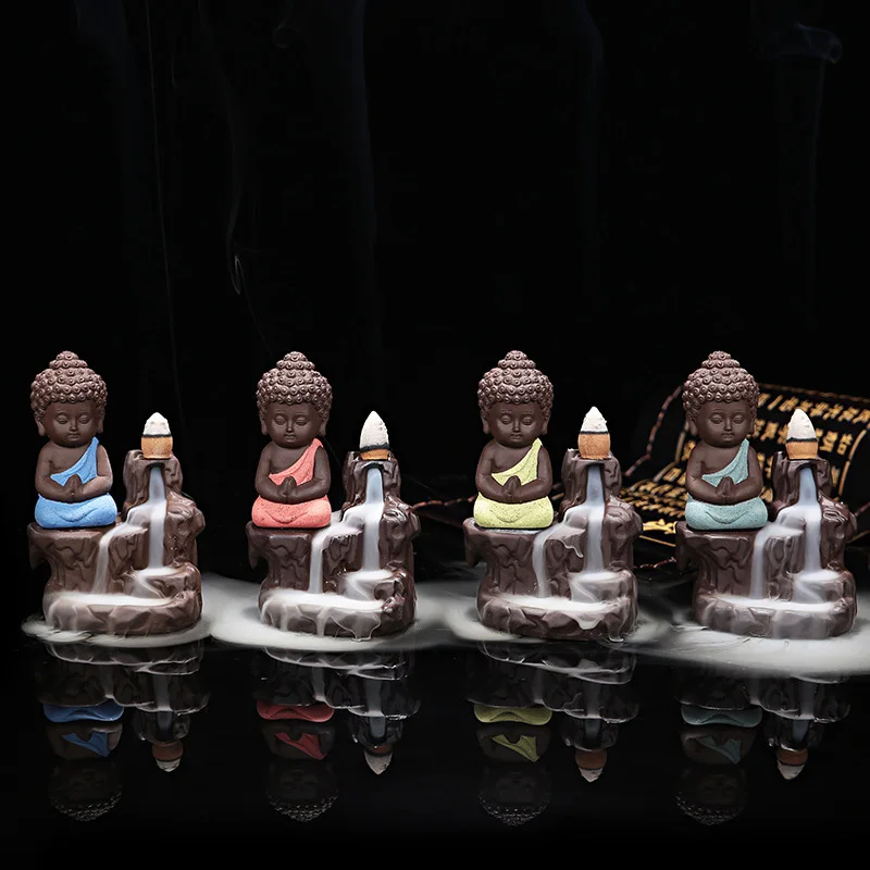 50Pcs Incense Cones+ 1Pc Burner The Little Monk Small Buddha Censer Ceramic Waterfall Backflow Incense Burner Holder Home Decor