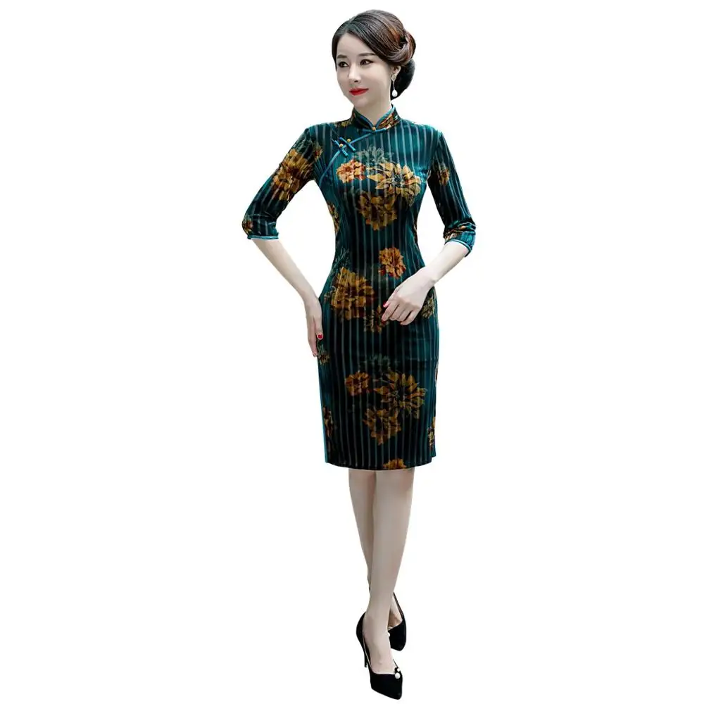 Шанхай история велюр Cheongsam по колено китайское платье Ципао традиционное платье зеленый - Цвет: 1724