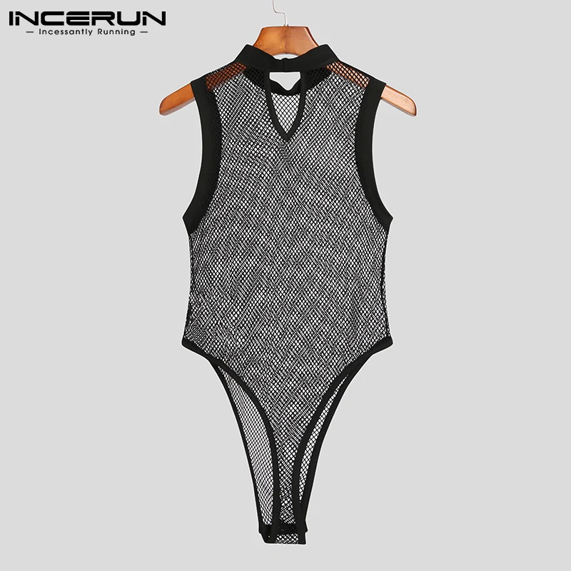 Men Bodysuit Mesh Patchwork See Through Sleeveless Thin Rompers Underwear Skinny Fashion S-5XL-men bodysuits,men lingerie