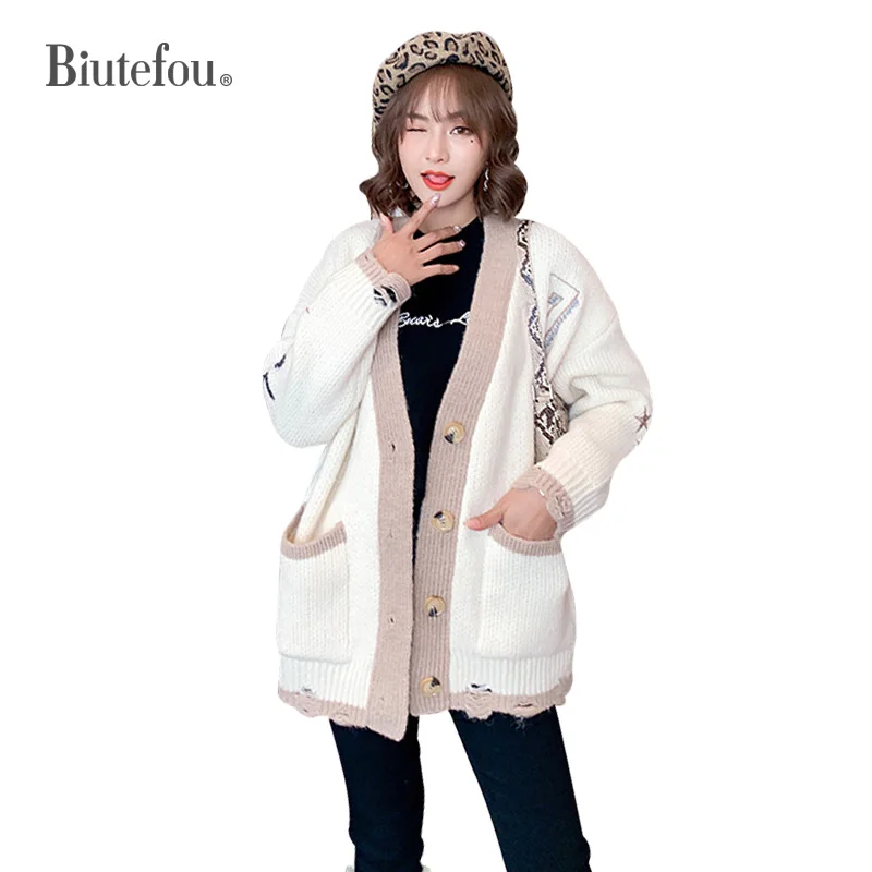 

2019 Autumn and winter cardigan embroidery women fashion v-neck long sweaters