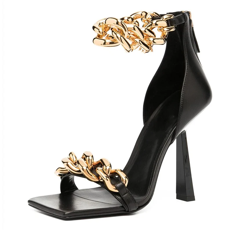 Sandalias de tacón fino para mujer, zapatos sexys con cadena de Metal y punta cuadrada, de talla grande, para verano, 2021