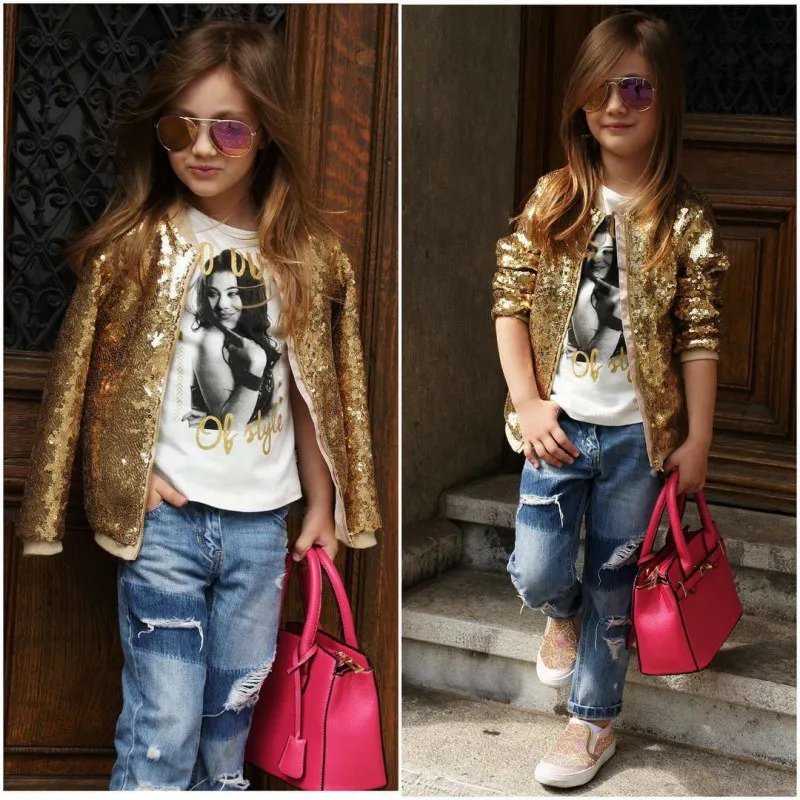 Children Jackets Personality All-match Casual Coats kid Concsie Sequin Zipper Long Sleeve Solid Color Girl's Jackets#E