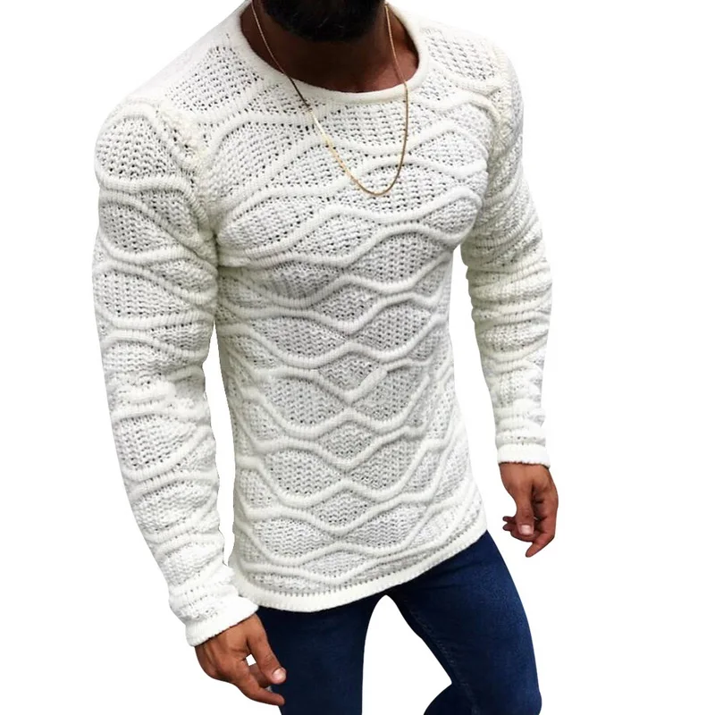 Осень мужской сексуальный плиссированный свитер пуловер мужской повседневный с круглым вырезом трикотажные свитера пуловеры облегающий свитер мужской трикотаж - Цвет: white