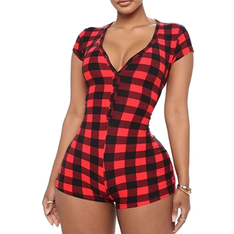 CHRONSTYLE Women Plaid Playsuit Sleepwear Camouflage Print Sexy V-neck Slim Playsuit One-piece Bodycon Buttons Up Short Jumpsuit