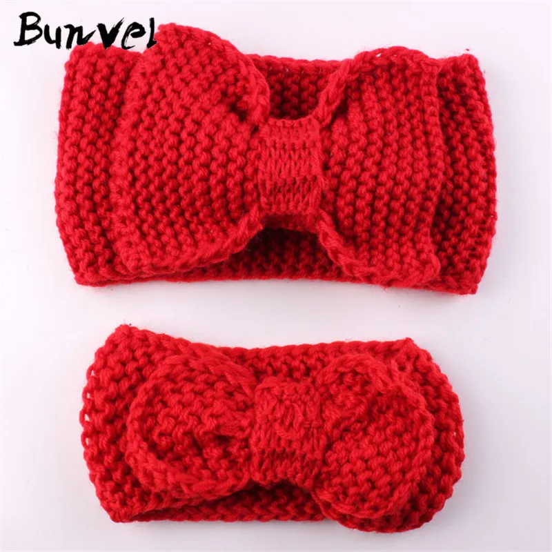 Red Bunvel мама и я одежда бантики, аксессуары для волос, Осень-зима, милые повязки на голову для маленьких девочек, вязаная повязка на голову для мамы и дочки ff - Color: Red